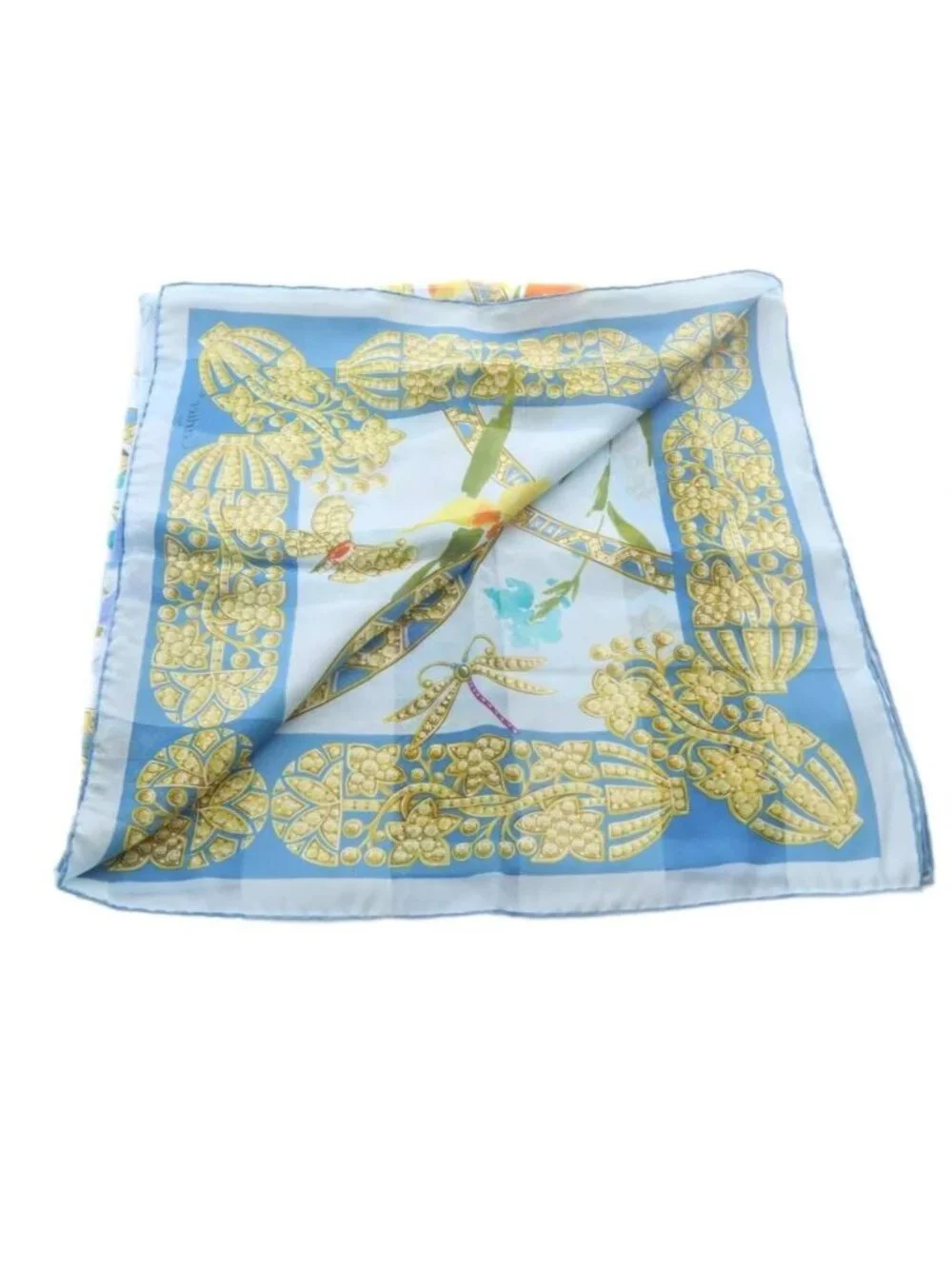 Cartier Scarf Dragonfly Butterfly Logo Silk Blue